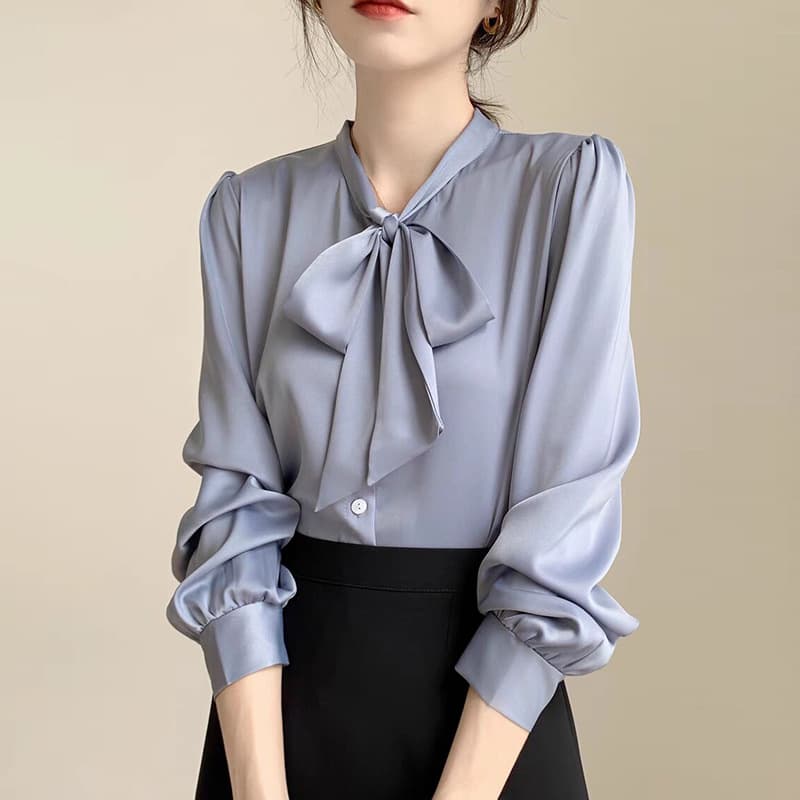 2025 Spring New Blue Bow Blouse for Women, Designer Sense Niche Professional Temperament Shirt, Satin Top with Tie
