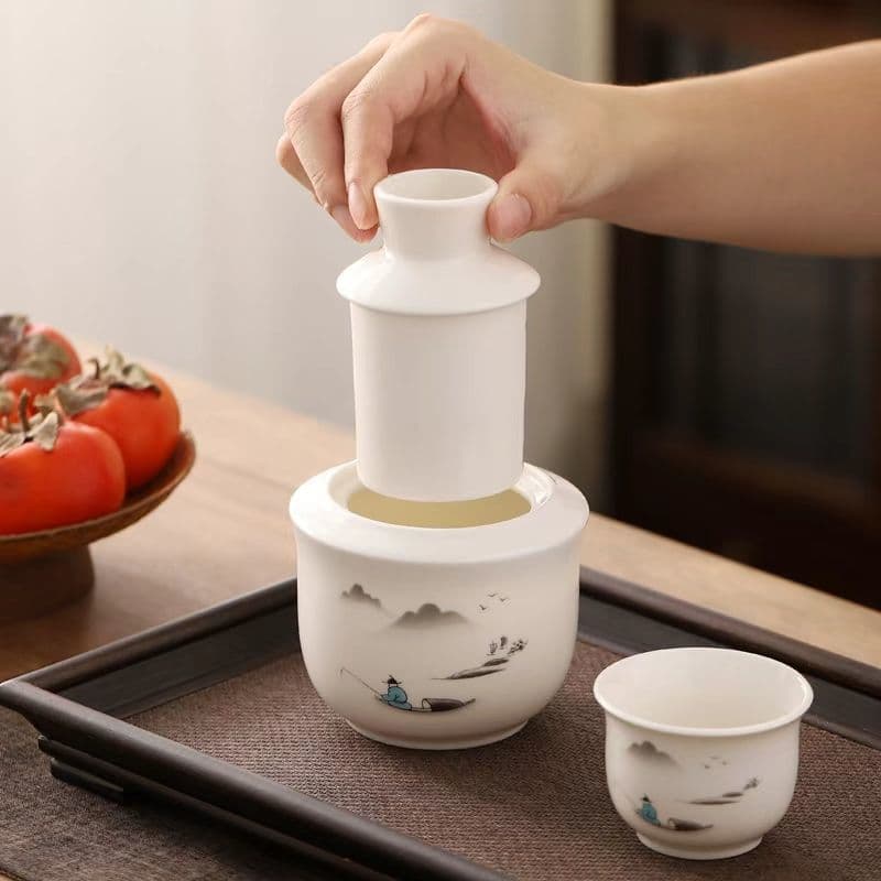Dehua White Porcelain Wine Warmer Set, Chinese-Style Yellow Wine Heating Pot, Home Wine Kit, White and Celadon Wine Cups