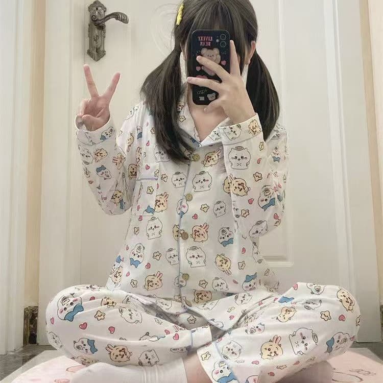 Sweet Cartoon Ins Style Pajama Set for Women Spring Autumn Long Sleeve Long Pants Loose Loungewear Anime Girl Wearable Outside