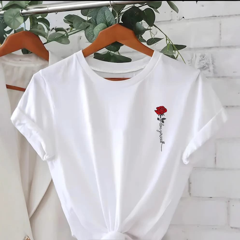 2025 Summer Women Love Yourself Rose Print T-shirt Fashion