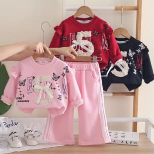 Girls Autumn Sweet Letter Print Hoodie and Wide-Leg Pants Two-Piece Set, Casual Sportswear for Kids, Wholesale