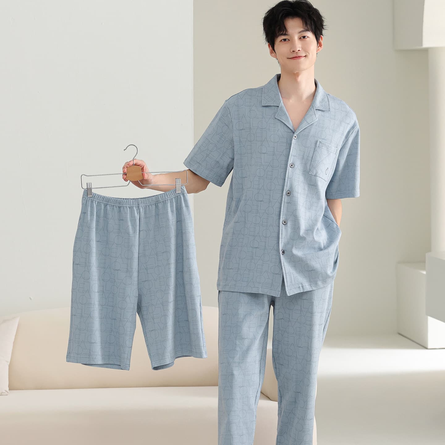 Summer Men's Cotton Short Sleeve 3-Piece Set, Casual Plus Size Sleepwear Home Suit, Thin Style