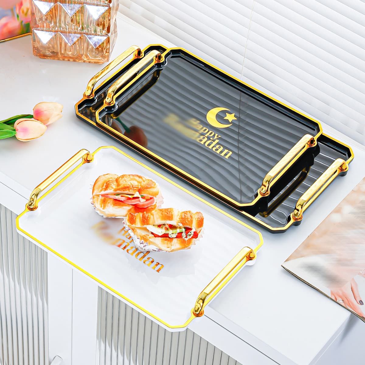 Cross-border Rectangular Tray, Home Tea Cup, Internet-Famous Tea Tray, Living Room Water Cup, Middle East Gold Rim Tray, Dessert Tray