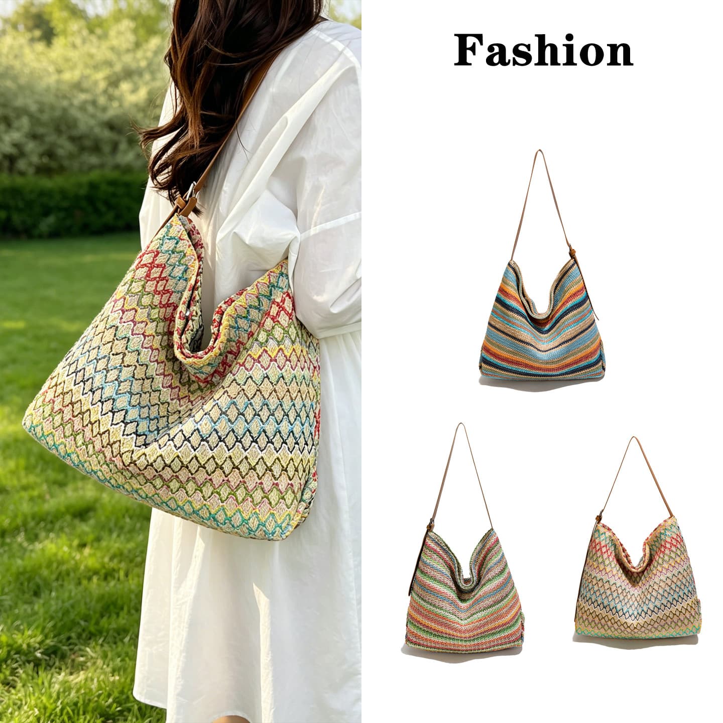 Rainbow woven straw bag for women 2026 new summer large capacity tote bag seaside resort style single shoulder beach bag