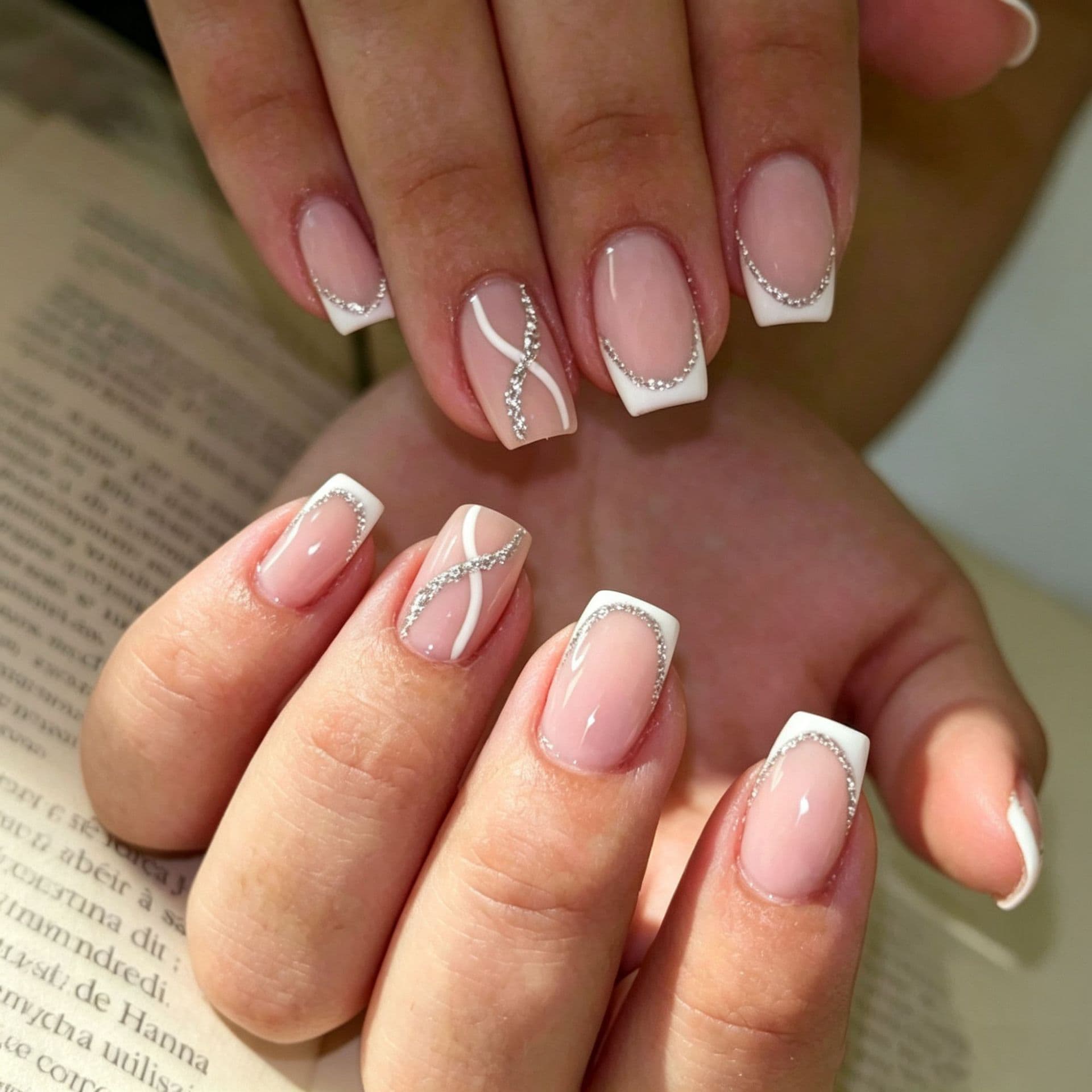 Nude Pink White Edge French Handmade Press-On Nails Simple Fine Glitter Line Nail Tips Cross-Border Best Seller Short Square Nails