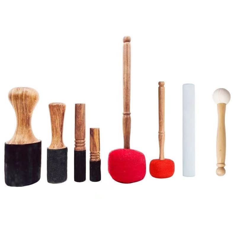 Tibetan full moon Buddha sound bowl accessories, singing bowl chimes, prayer wheel bowls, sound healing bowl ornaments, grinding sticks, leather mallets, and striking rods