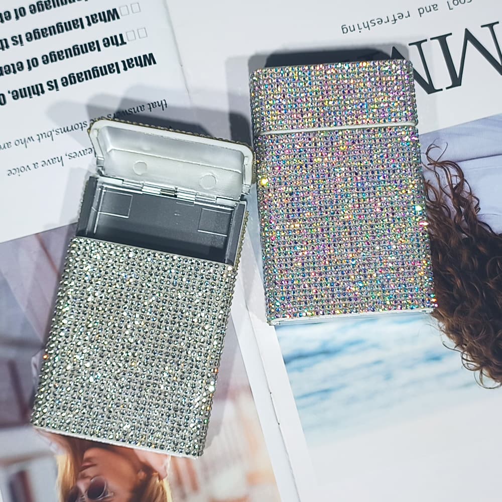 Diamond-Studded Women's Cigarette Case with Hidden Snap Closure, Sliding Design, Personalized Sparkling Diamond Cigarette Case