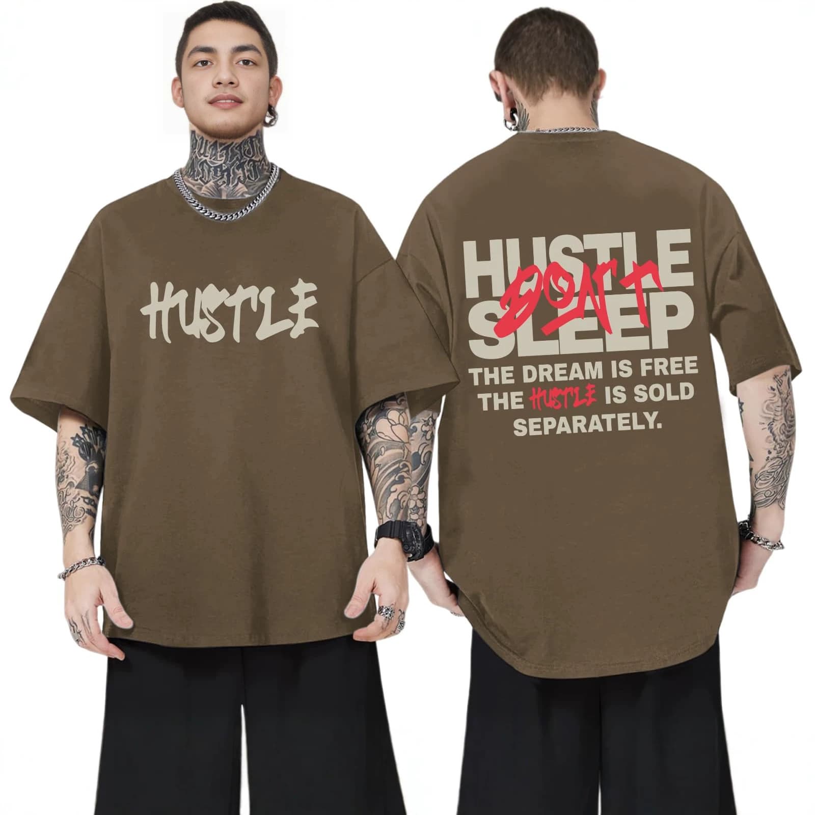 Amazon Hustle Don't Sleep Double-Sided Print Men's Loose Short Sleeve T-Shirt Pure Cotton Drop Shoulder Top