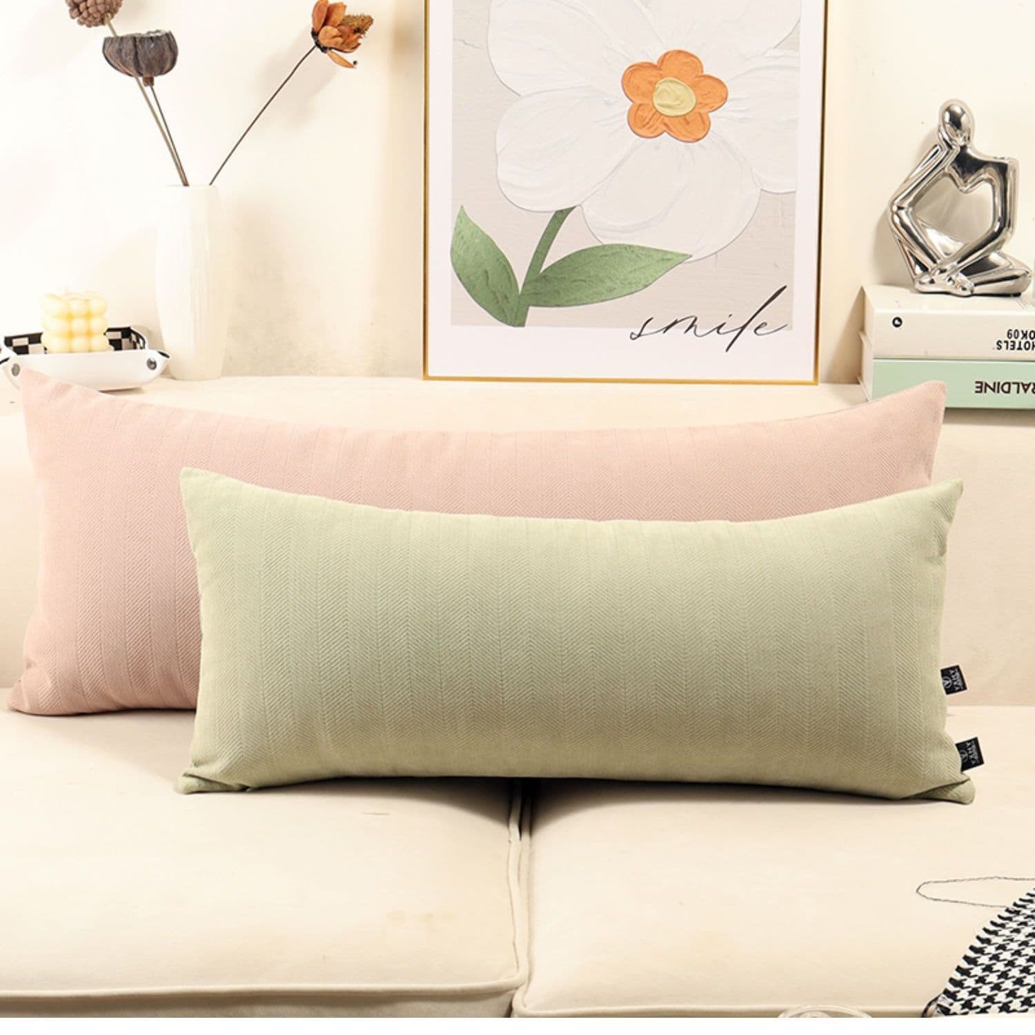 Cream-colored long backrest cushions for sofas, rectangular lumbar pillow covers without inserts, Instagram-style living room decor.