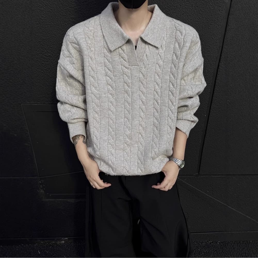 Vintage V-Neck Cable Knit Sweater for Men, Autumn American Retro Relaxed Knit Polo Shirt, Pullover Base Layer