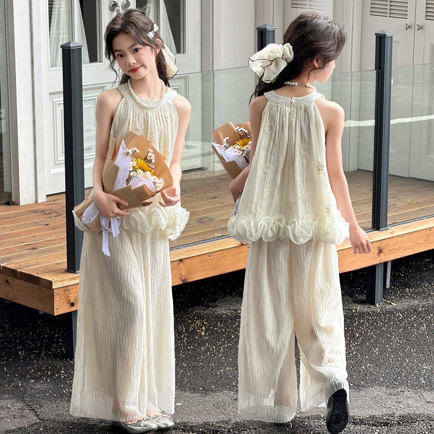 Girls Sleeveless Set Summer 2026 New Korean Style Trendy Wide-Leg Pants Two-Piece Set Kids Older Girls Embroidered Outfit