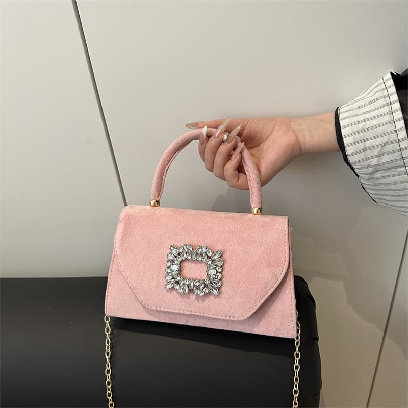 Korean-style simple and fashionable solid color 2025 summer new casual commuting chain crossbody shoulder bag rhinestone small square bag