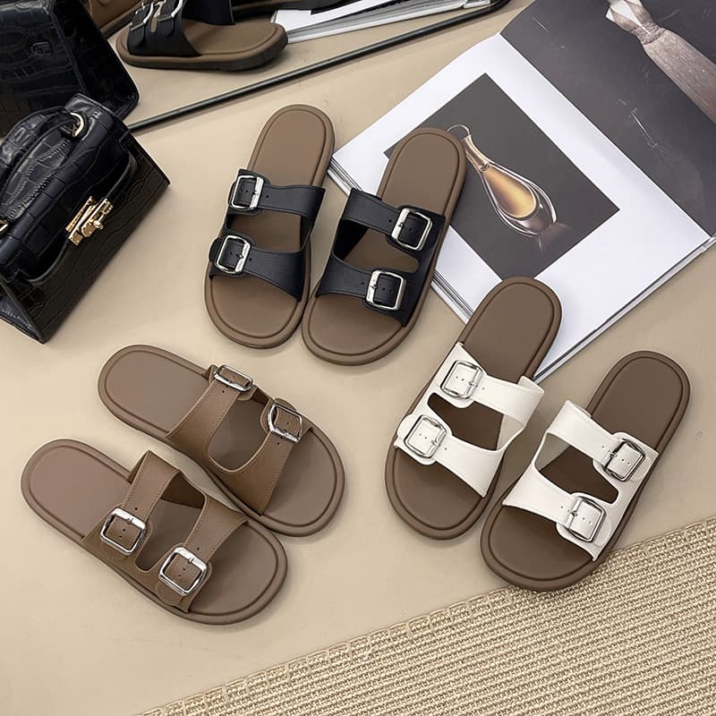 Women's Summer New Style Fashion Versatile Square Buckle Trendy One-Strap Slippers, Non-Slip for Home, Bathroom, Outdoor and Beach Wear