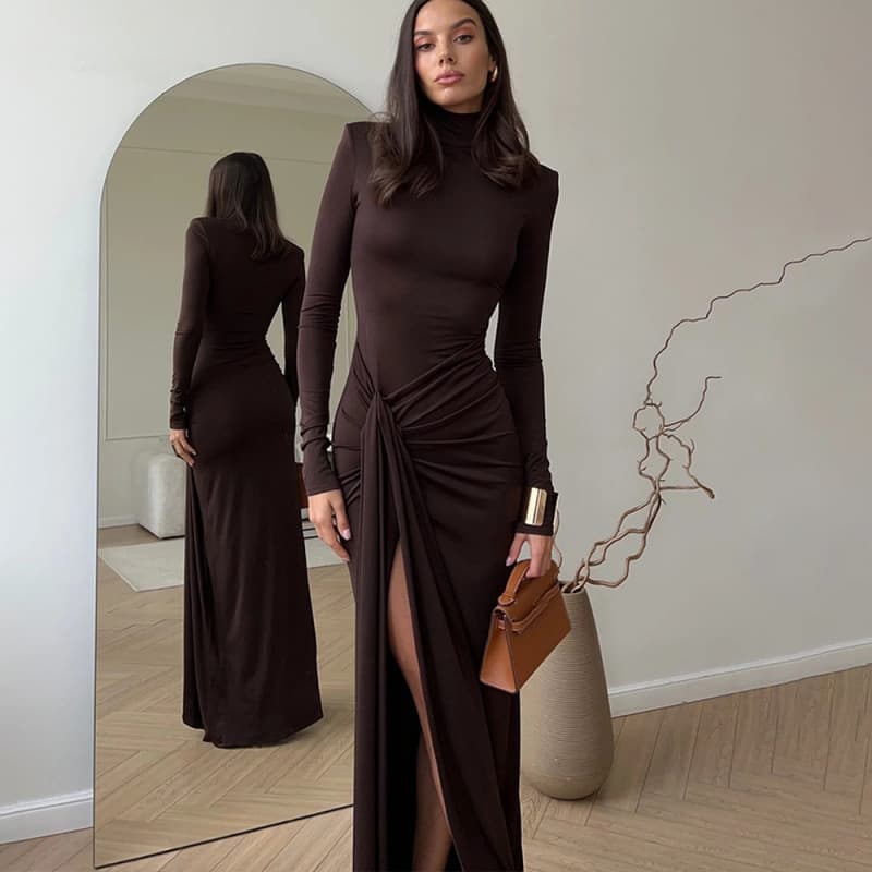 Cross-border European and American Autumn/Winter Fashion Women's High-Neck Long-Sleeve Patchwork Tie-Waist Slim Fit Solid Color Dress