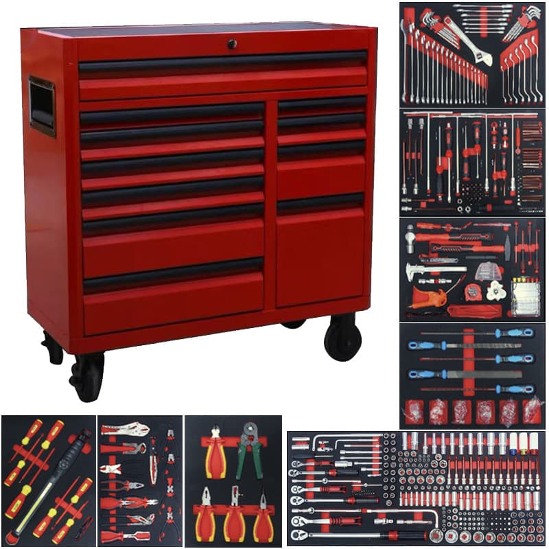 718-Piece Auto Repair Tool Set, 11-Drawer with Side Drawer Tool Cart, Manual Mechanical Tool Cabinet, Mobile Repair Cart