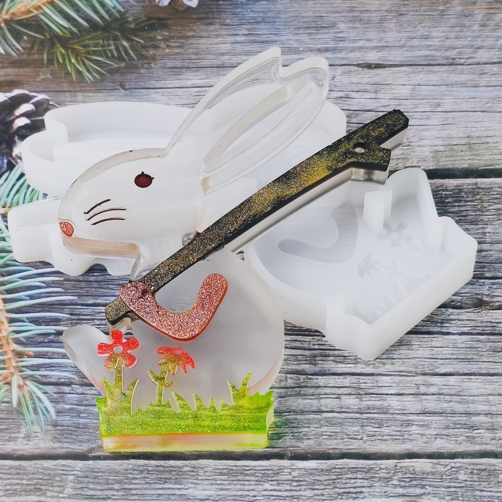 X1419 Fishing Rabbit Figurine Crystal Resin Mold Silicone Mold DIY Decoration Silicone Mold