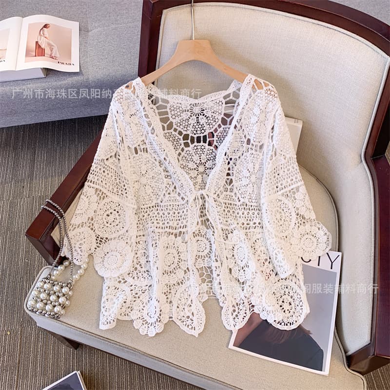 Hollow-Out Lace Cardigan for Women, Plus-Size, Thin Lace Shawl, Sun-Protective Vest, Paired with a Slip Dress, Summer Top