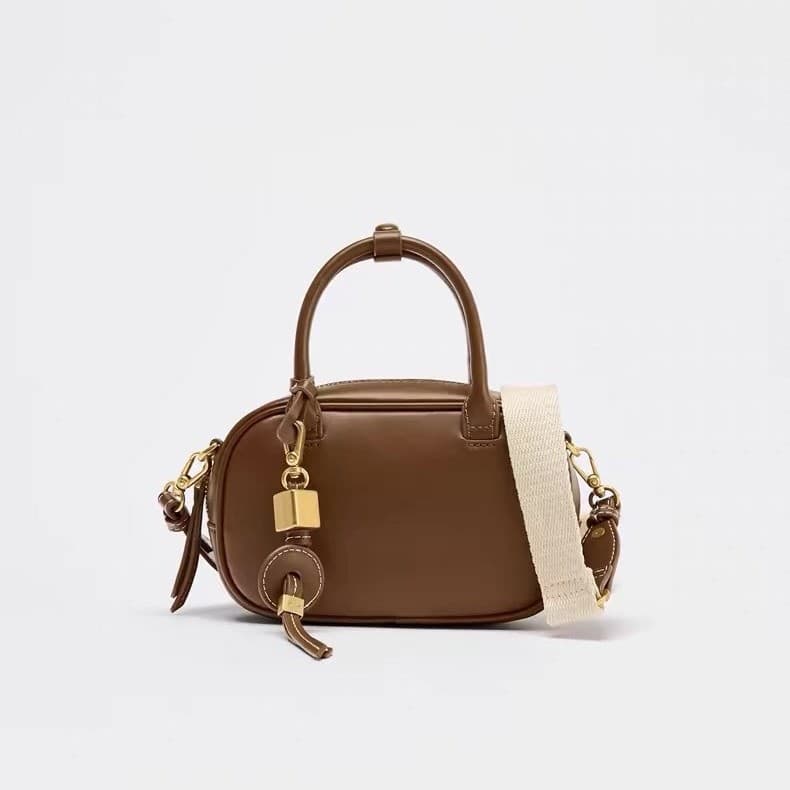 2025 Autumn New Women's Bag Dark Brown Stitched Decorative Mini Bowling Handbag Simple Retro Crossbody Bag