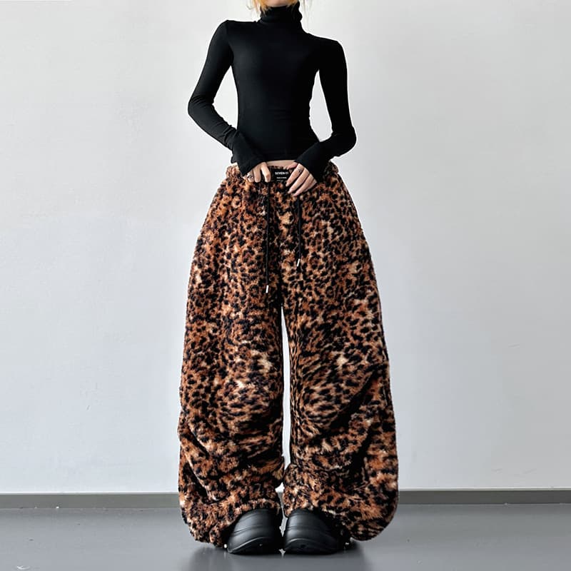 American Retro Leopard Print Wide-Leg Pants for Women 2025 Autumn and Winter New Style Tall High-Waist Slim Loose Casual Pants