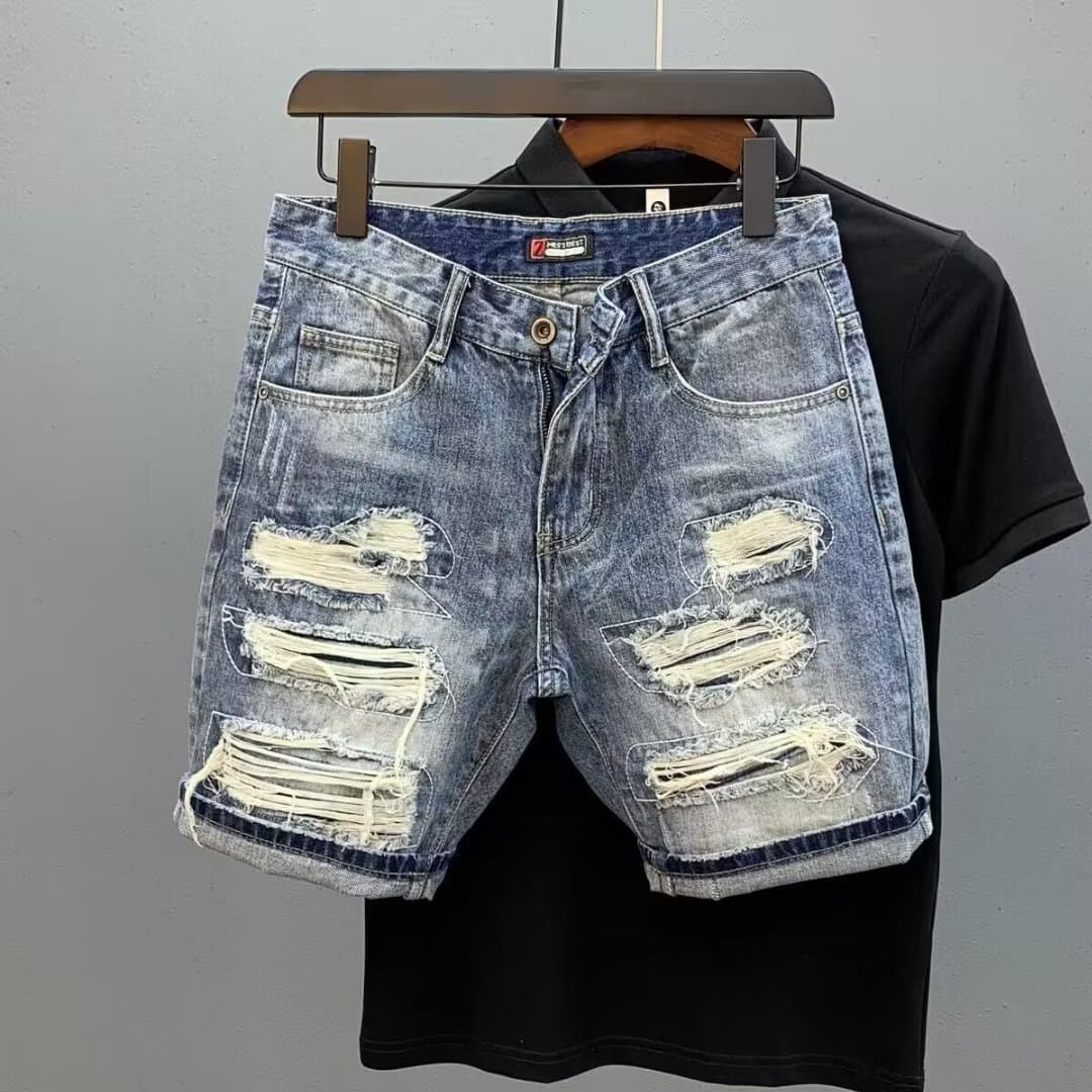 Trendy Side Cat Whisker Patchwork Jeans Shorts Men's Summer Broken Hole 5 Minutes Pants Cotton Straight Leg Micro Elastic