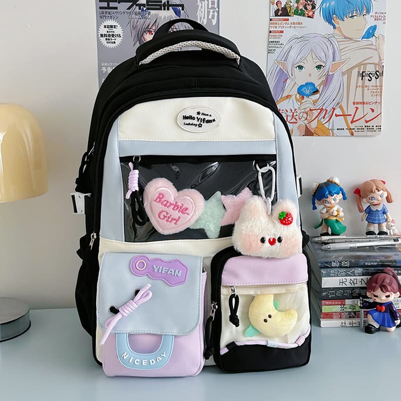 New Japanese Ins Style High Appearance Sweet Transparent Badge Ita Bag Backpack for Women Color Blocking Large Capacity Backpack