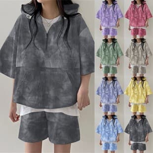 Korean 8 Colors Tie-dye Print Fashion Casual Short Sleeve Set for Women, Summer New Trendy Loose Hoodie Sportswear