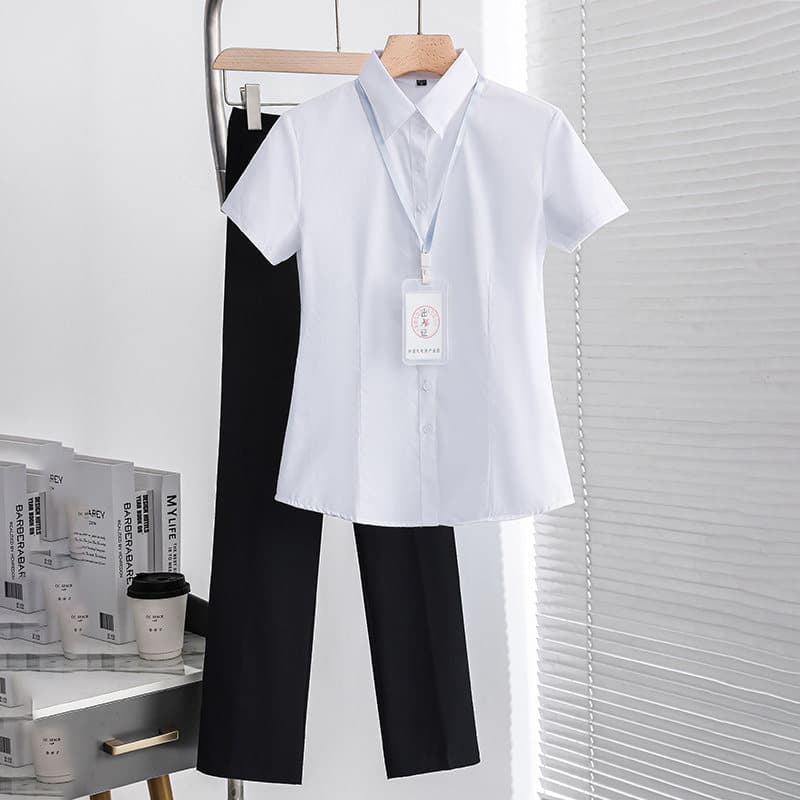White Short-Sleeve Shirt Women Summer Civil Service Exam Teacher Interview Professional Formal Suit Set Work Top Uniform Blouse