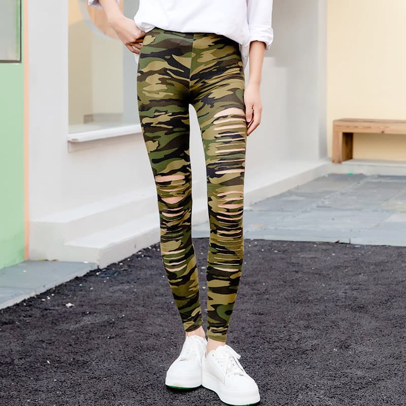 Camouflage Women's Pants Milk Silk Irregular Hollow Out Capri Pants Front Ripped Base Layer Slightly Compressive Shark Pants