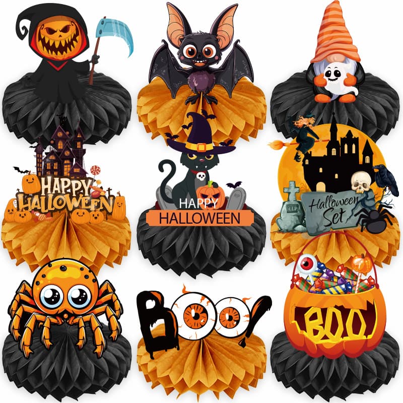 Cross-border Party Decoration Supplies Wholesale AliExpress Hot-Selling Halloween Spider Ghost Pumpkin Bat Honeycomb Ornament