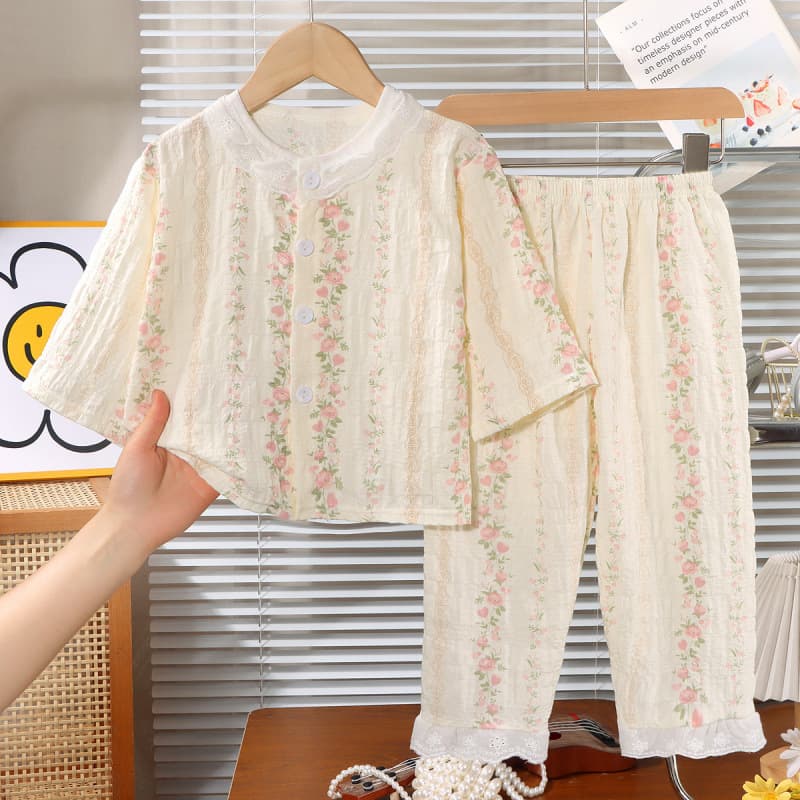 New Children's Pajamas, Girls' Spring and Summer Three-Quarter Sleeve Thin Loungewear, Baby Girl's Small Floral Korean Style Air Conditioning Suit
