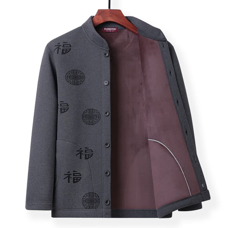 Middle-Aged and Elderly Men's Warm Top, Spring and Autumn Style Grandpa "Fu" Character Jacket, Dad Fleece-Lined Thickened Spring Clothing