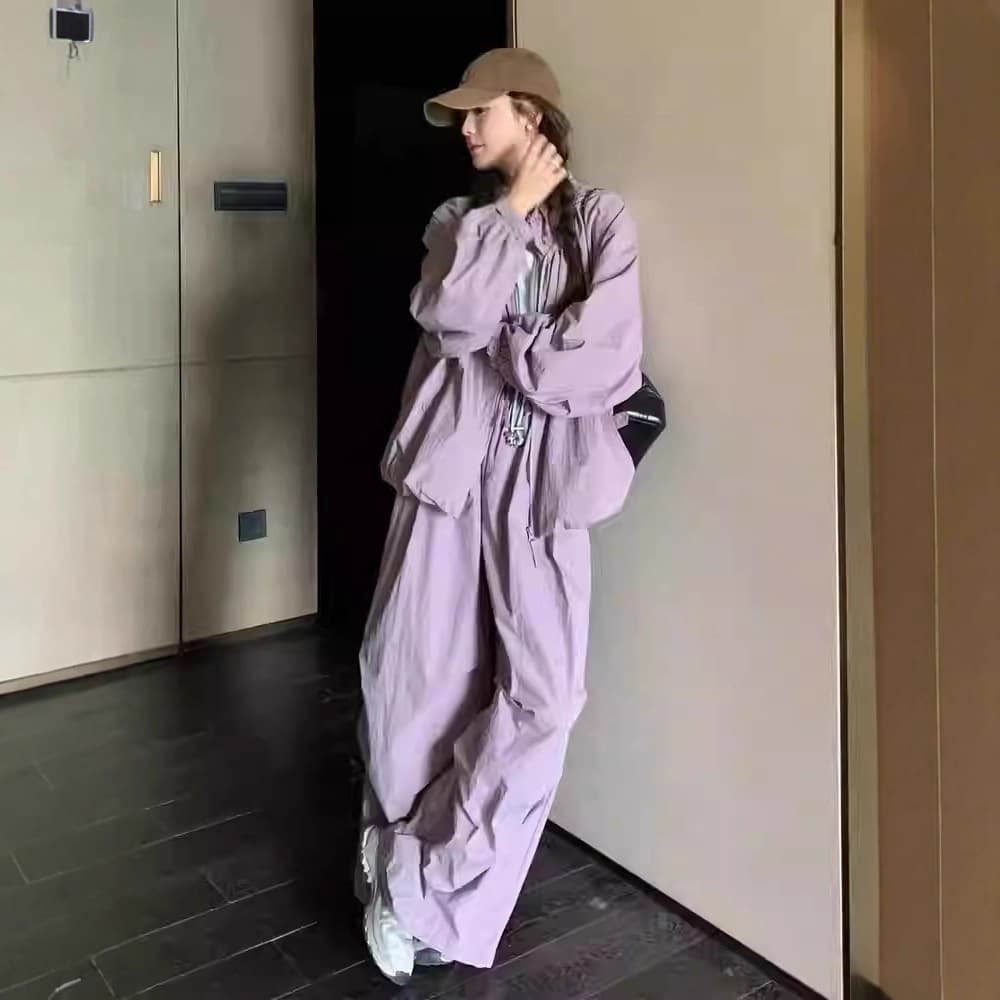 Korean Style Sun Protection Sports Set for Women, Outdoor Jacket Early Autumn New Arrival, Versatile Casual Slim Fit Cargo Pants Set