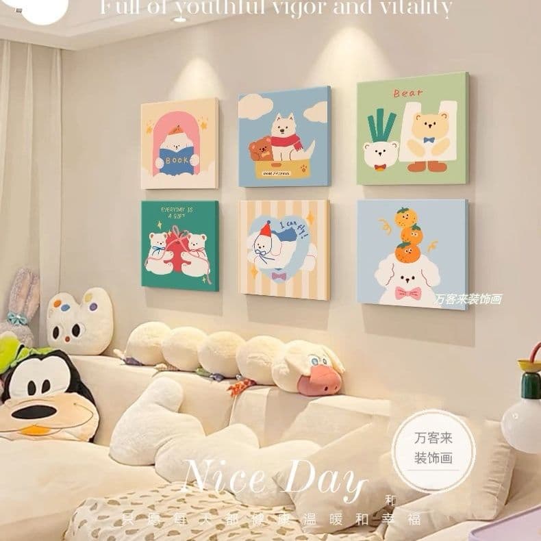 Dopamine Living Room Decorative Painting Cute Cartoon Kids Bedroom Wall Art Cream Style Sofa Background Painting