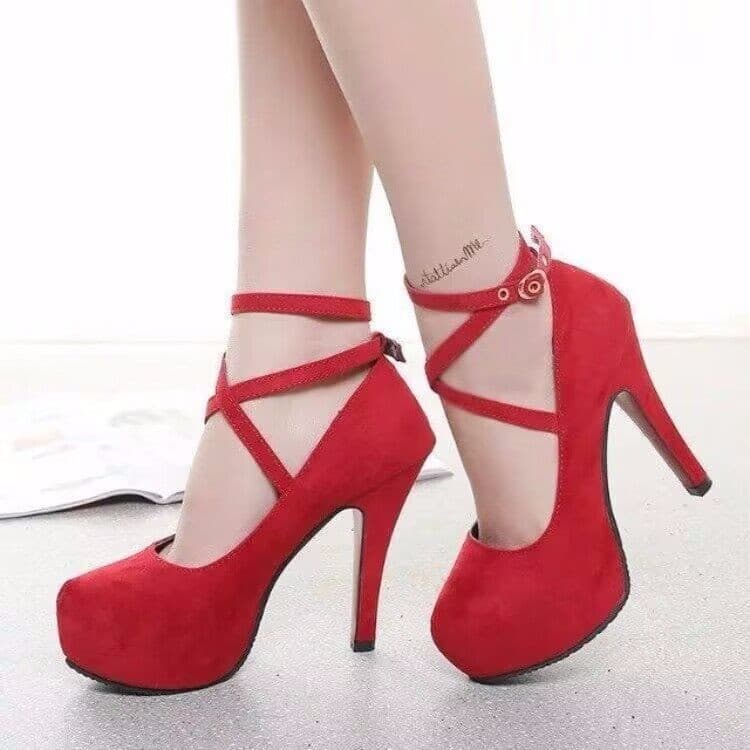 Women's Fashion High Heels Round Toe Slip-On Cross Buckle Shoes Thin Heel Summer Rubber Sole Leather Micro Fiber Shoes