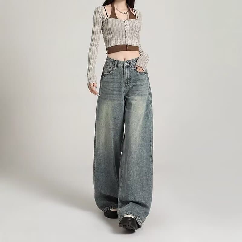 Retro American Wide-Leg Jeans for Women Spring/Autumn 2026 New High-Waist Loose Versatile Flowing Floor-Length Straight Pants Cotton