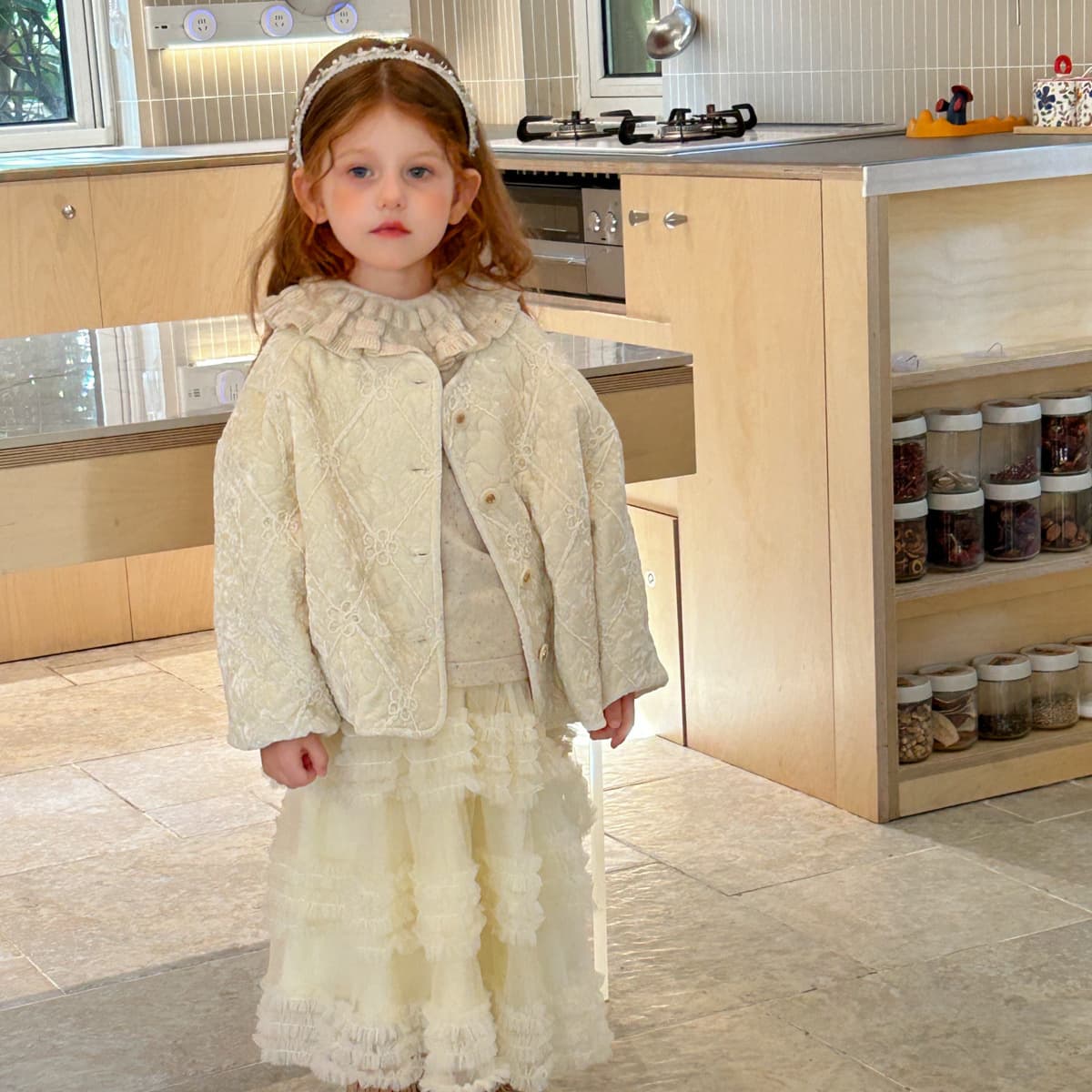 2025 Autumn/Winter Girls' New Quilted Velvet Chic Floral Cotton Padded Jacket Cardigan