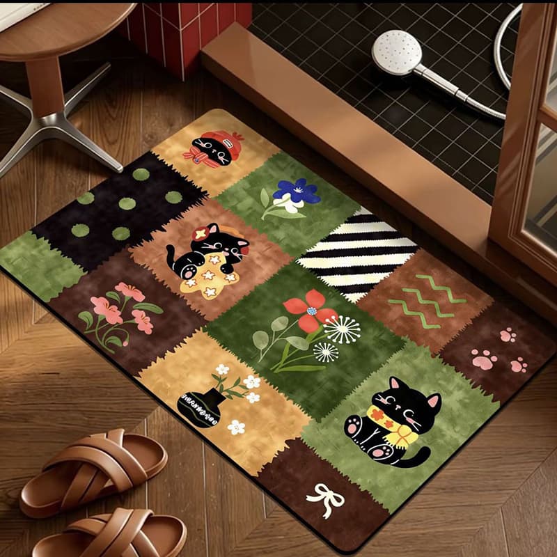 Retro Cartoon Diatom Mud Floor Mat, Moisture-Proof and Mildew-Proof Bathroom Floor Mat, Non-Slip, Water-Absorbent, and Wear-Resistant Toilet Door Mat