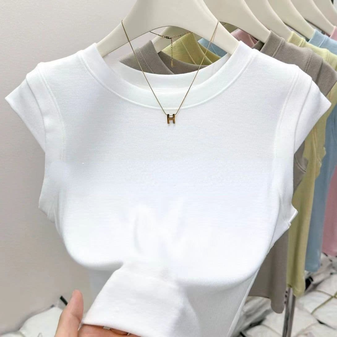 Ultra-Hand Feel Modal Round Neck Fly Sleeve White Short Sleeve T-Shirt Women's Design Niche Slim Fit Sleeveless Short Length Top