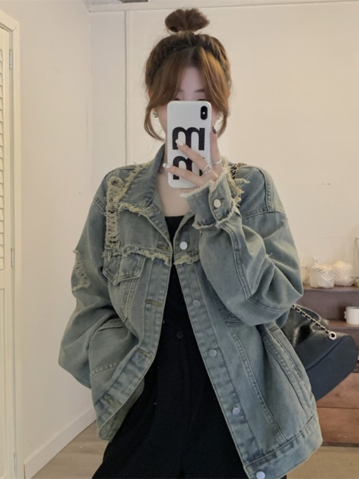 Hong Kong Style Frayed Ripped Long Sleeve Denim Short Jacket for Women, Ins Autumn Plus Size Fat MM Casual Streetwear Top