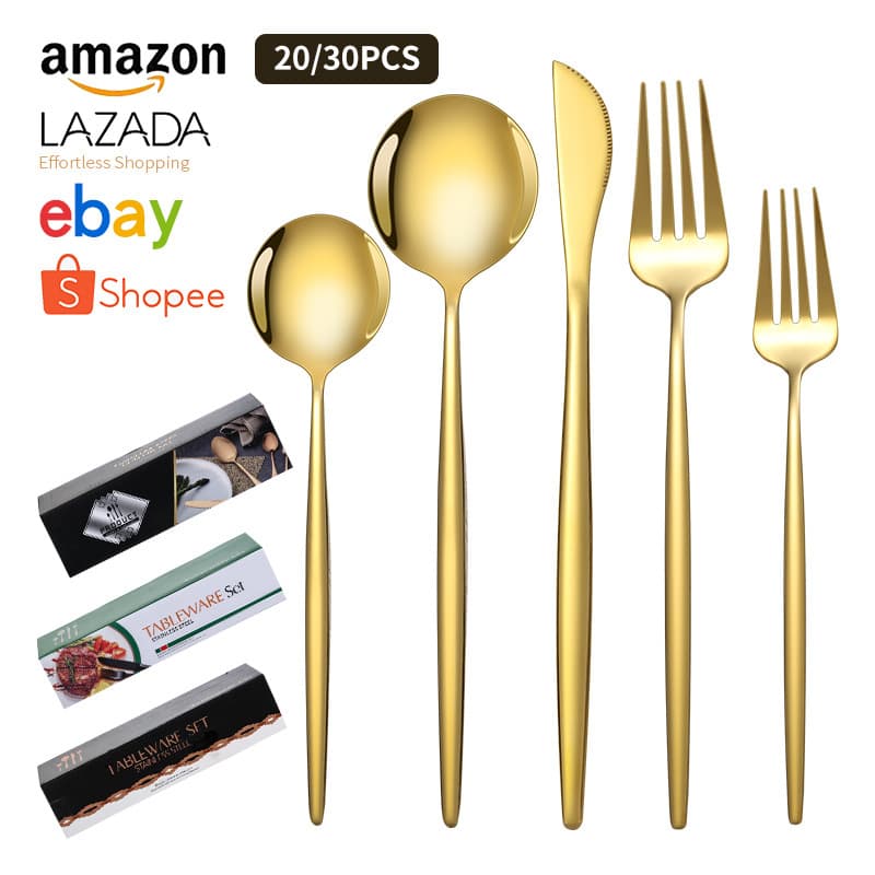 Amazon Stainless Steel Western-style Gold Steak Knife, Fork, Spoon 20-piece Set, Portuguese Gift Box 30-piece Set