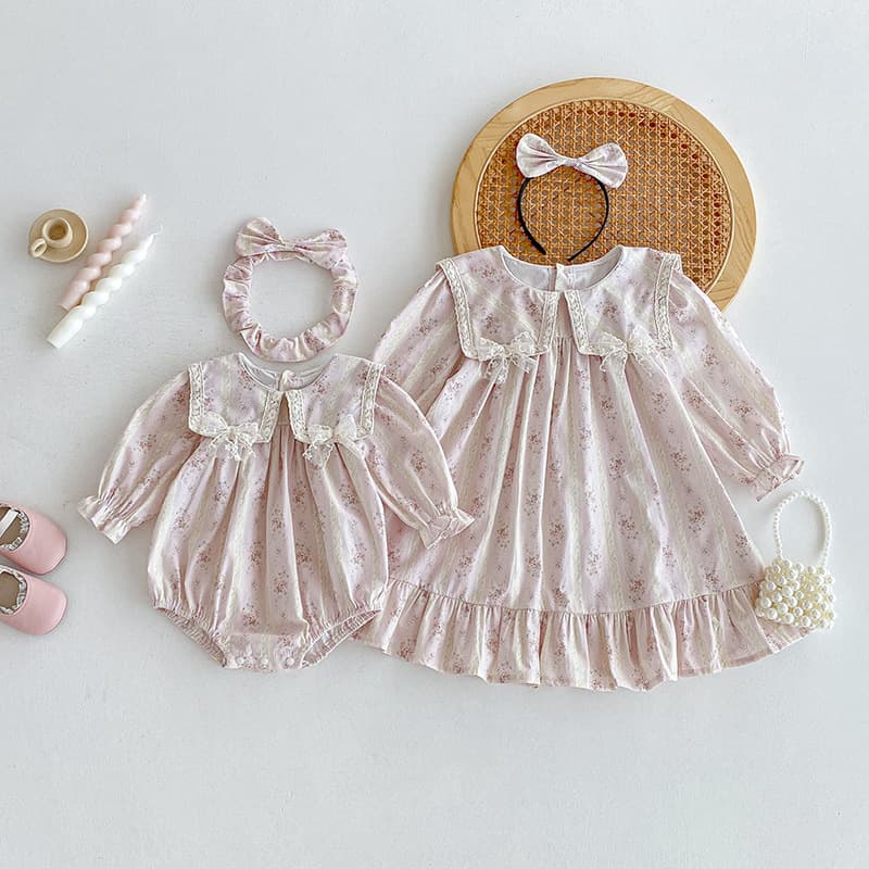 26 Autumn baby clothes long-sleeved pantsuit Korean style French sweet floral girl dress sister outfit