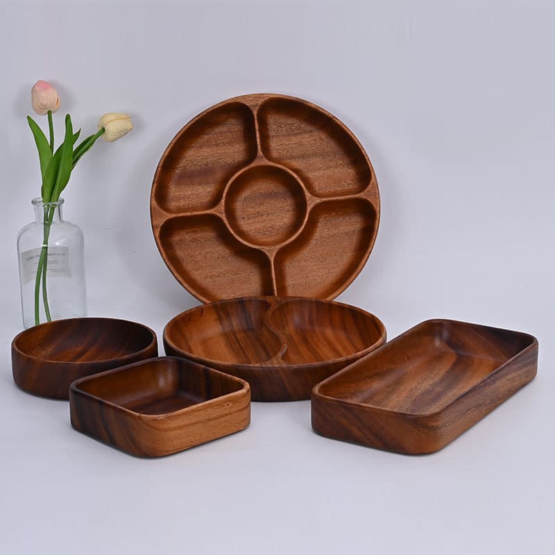 Factory Direct Round Wooden Grid Plate Universal Fruit Gossip Wooden Plate Simple Walnut Plate Bulk Discount