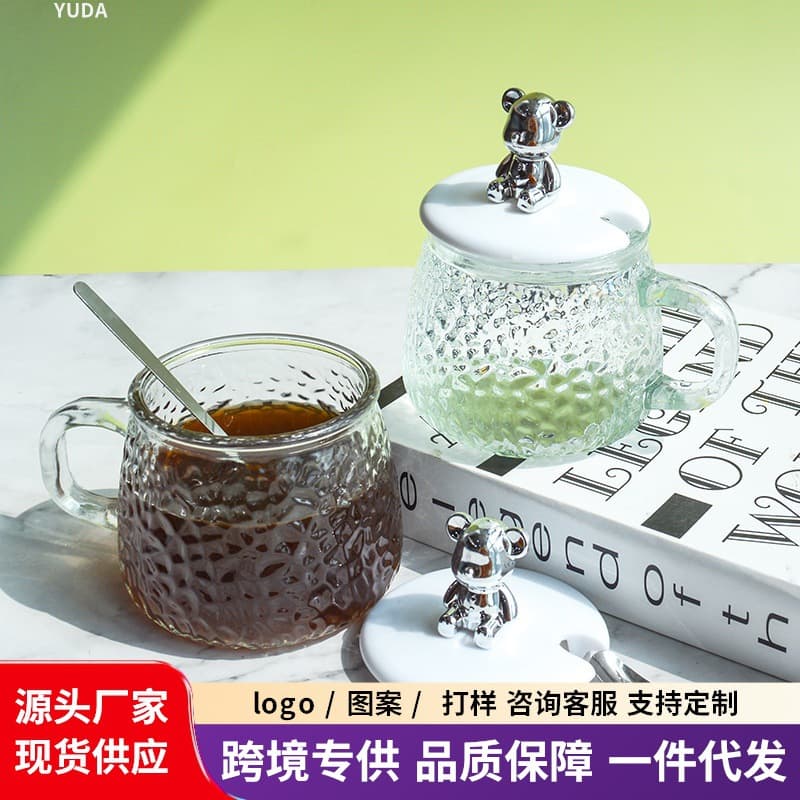 Drop shipping included, insulated coffee cup with cute lid and spoon, souvenir cloud pattern, hammer pattern, bear cup glass mug
