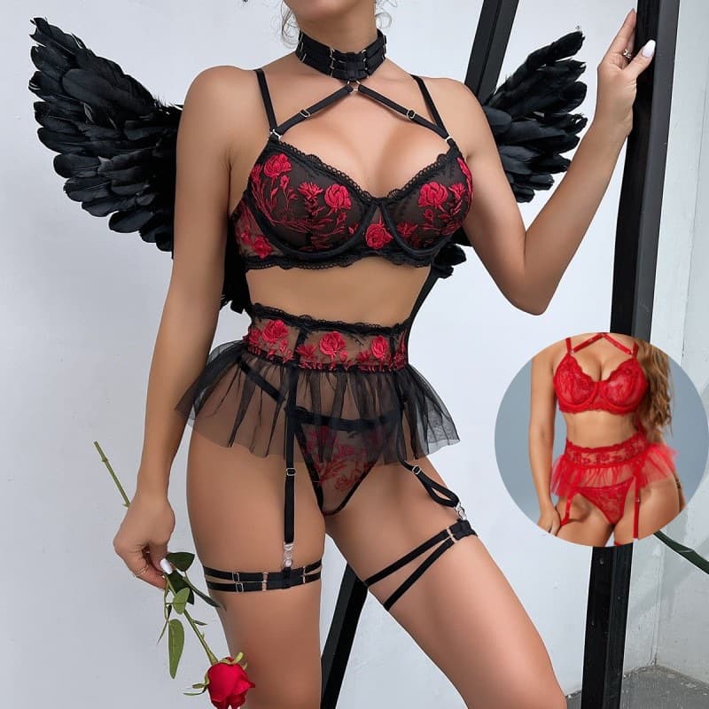 European and American cross-border lace mesh sexy flirting lingerie push-up steel ring sexy pajamas ultra-short underwear set