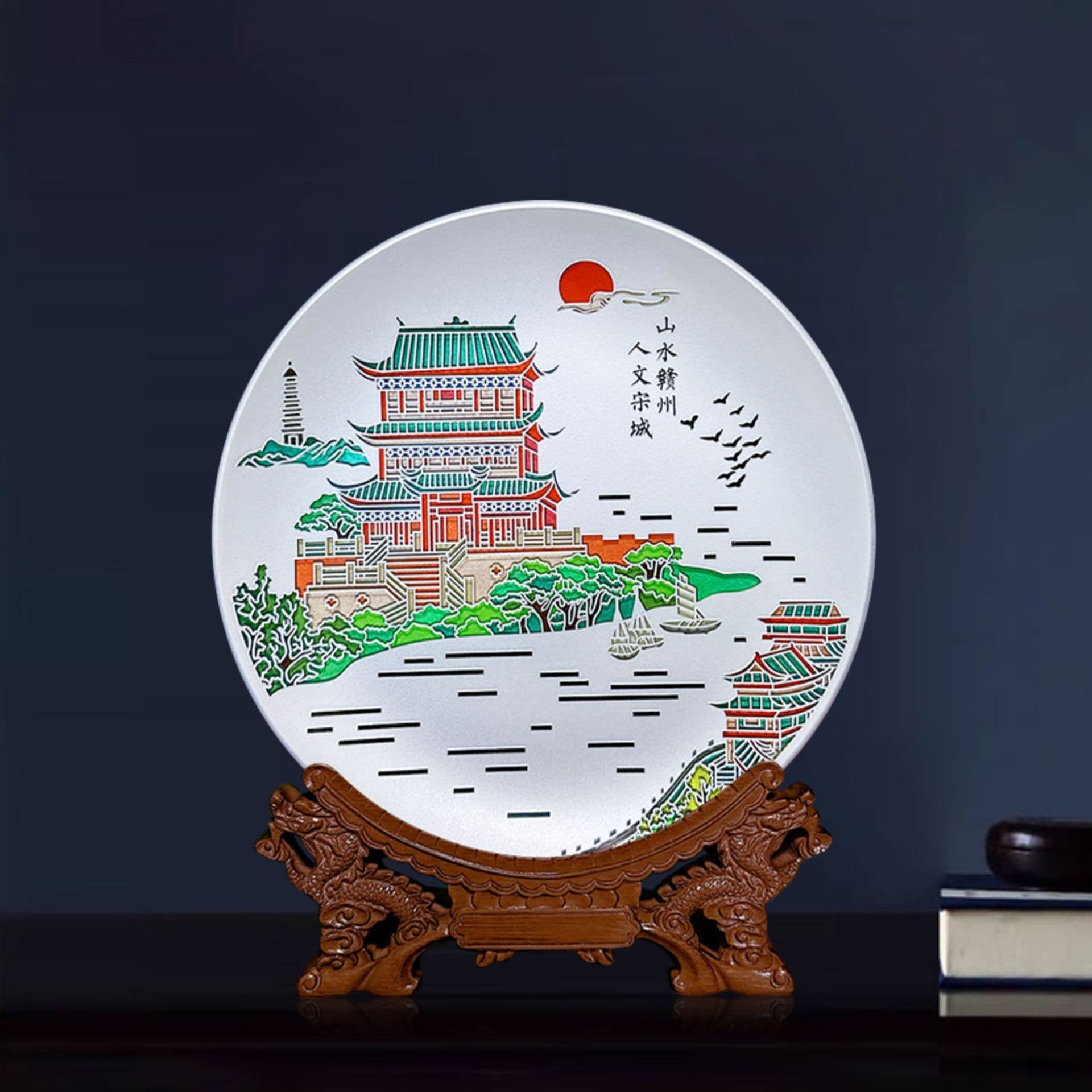 Baifu Ten-Year-Old Shop Crafted Ganzhou Bajing Tower Scenic Spot Crystal Carving Colored Souvenir Round Plate, Travel Gift Ornament