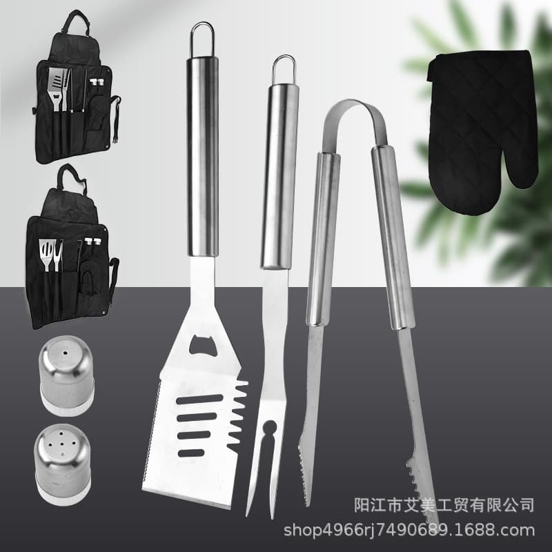 Outdoor BBQ Fork Spatula Tongs Grill Set 410 Stainless Steel - Apron Large Tube Handle Small Tube Handle Barbecue Tools 6-Piece