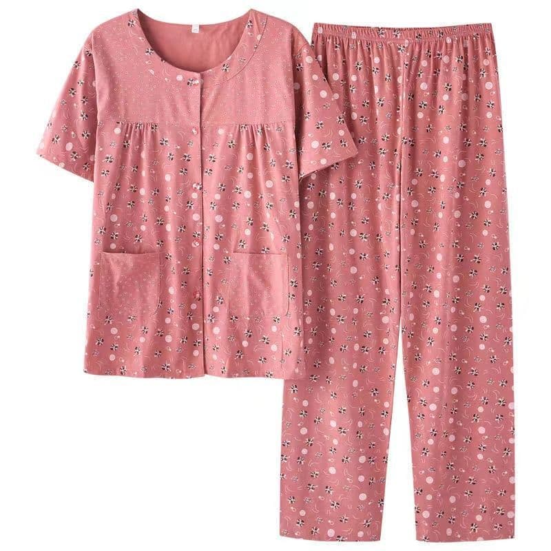 Women's Pajamas Short Sleeve Long Pants Cardigan Round Neck Cotton Summer Middle-aged and Elderly Plus Size Homewear