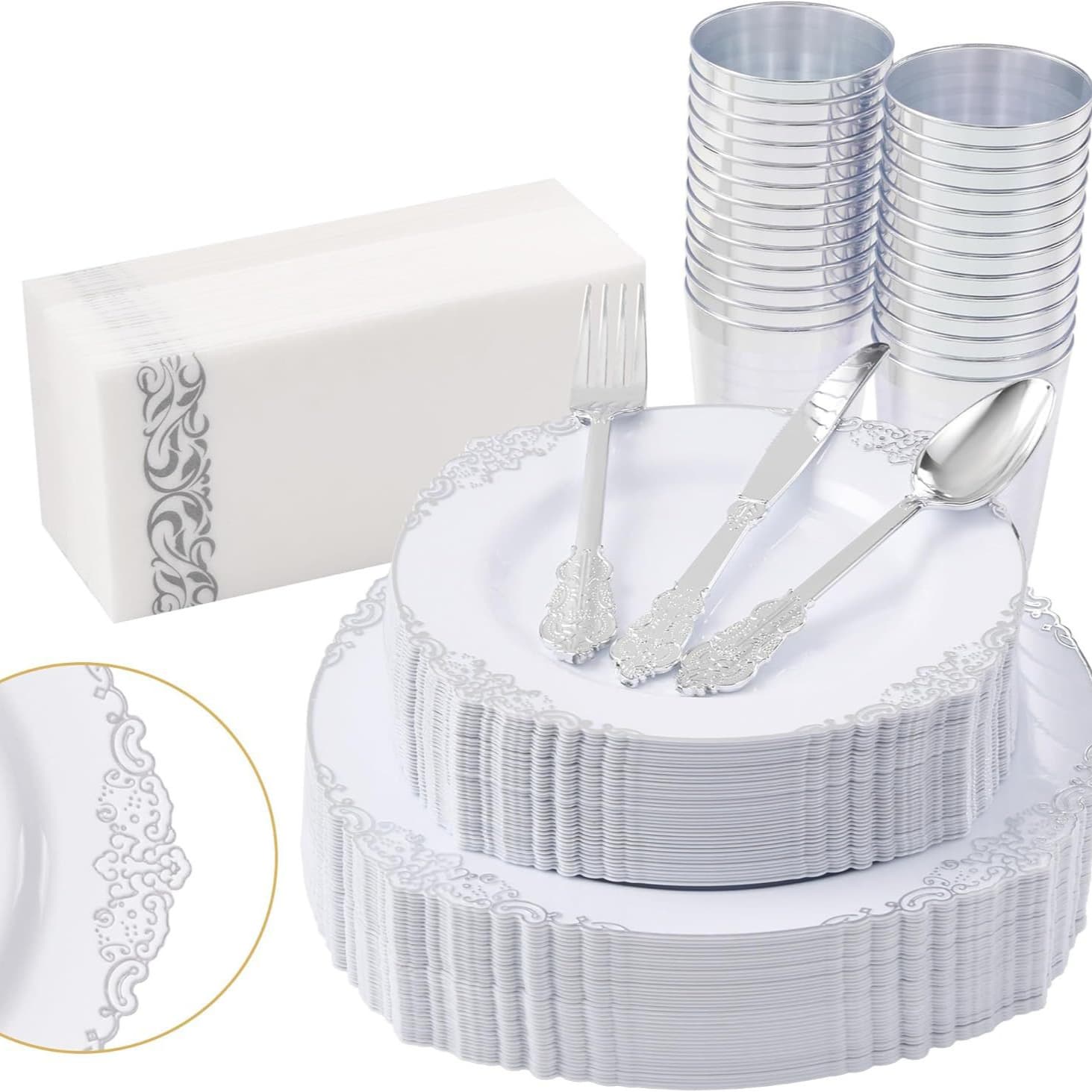 7.5 inch 10.25 inch disposable white hot silver edge embossed plate tableware set European pattern knife, fork and spoon paper