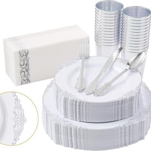 7.5" 10.25" Disposable White Silver Trim Embossed Plate Dinnerware Set, European Pattern Knife Fork Spoon Paper