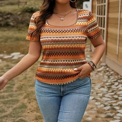 Plus Size Women's Spring/Summer Geometric Print Striped Round Neck Fashionable Slim Fit Contrast Color Short Sleeve T-Shirt